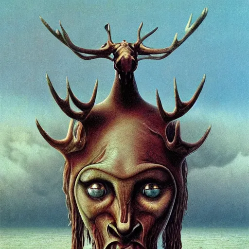 Image similar to anthropomorphic moose pirate humanoid by zdzisław beksinski, pirate ship, sea, fantasy