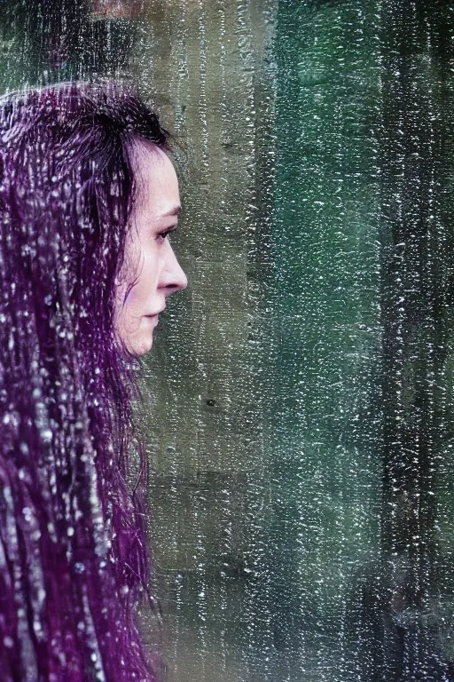 Prompt: close up of a models face looking out a window on a rainy night photographed by Mark Seliger, rain drops on window, rain, green and purple hair, photo realistic, uplight, nighttime, city light reflections