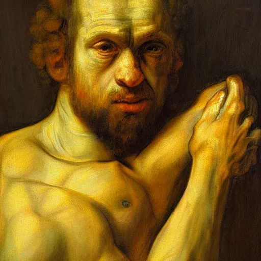 Prompt: portrait of a lizard man looking at the viewer, classical painting, in the style of rembrandt and lucian freud, photorealistic lighting, hd, high quality, high detail