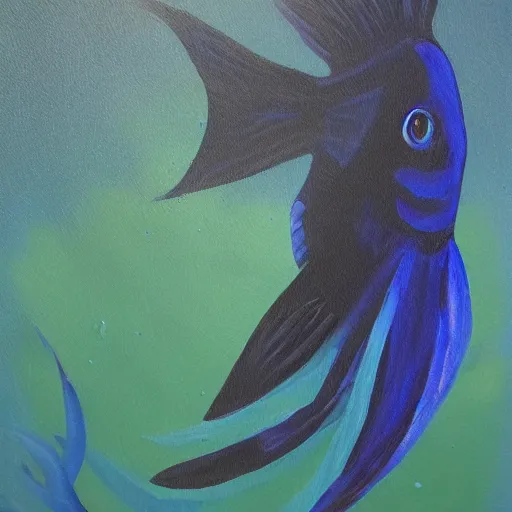 Prompt: dark blue beta fish swimming in a fish tank oil painting