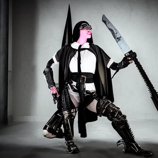 Image similar to photo of a cyberpunk nun warrior with weapons