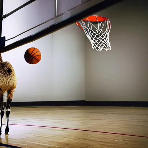 Image similar to film still of a llama dunking a basketball, low angle, extreme long shot, indoors, dramatic backlighting