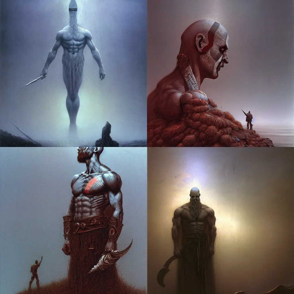 Prompt: god of war in style of zdzislaw beksinski and ed binkley by wayne barlowe, atmospheric, cinematic, very detailed