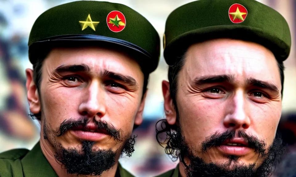 Image similar to James Franco as Fidel Castro for new Movie. Cinematic lighting. 4k ultra hd. Portrait. Low lights cuba street background.