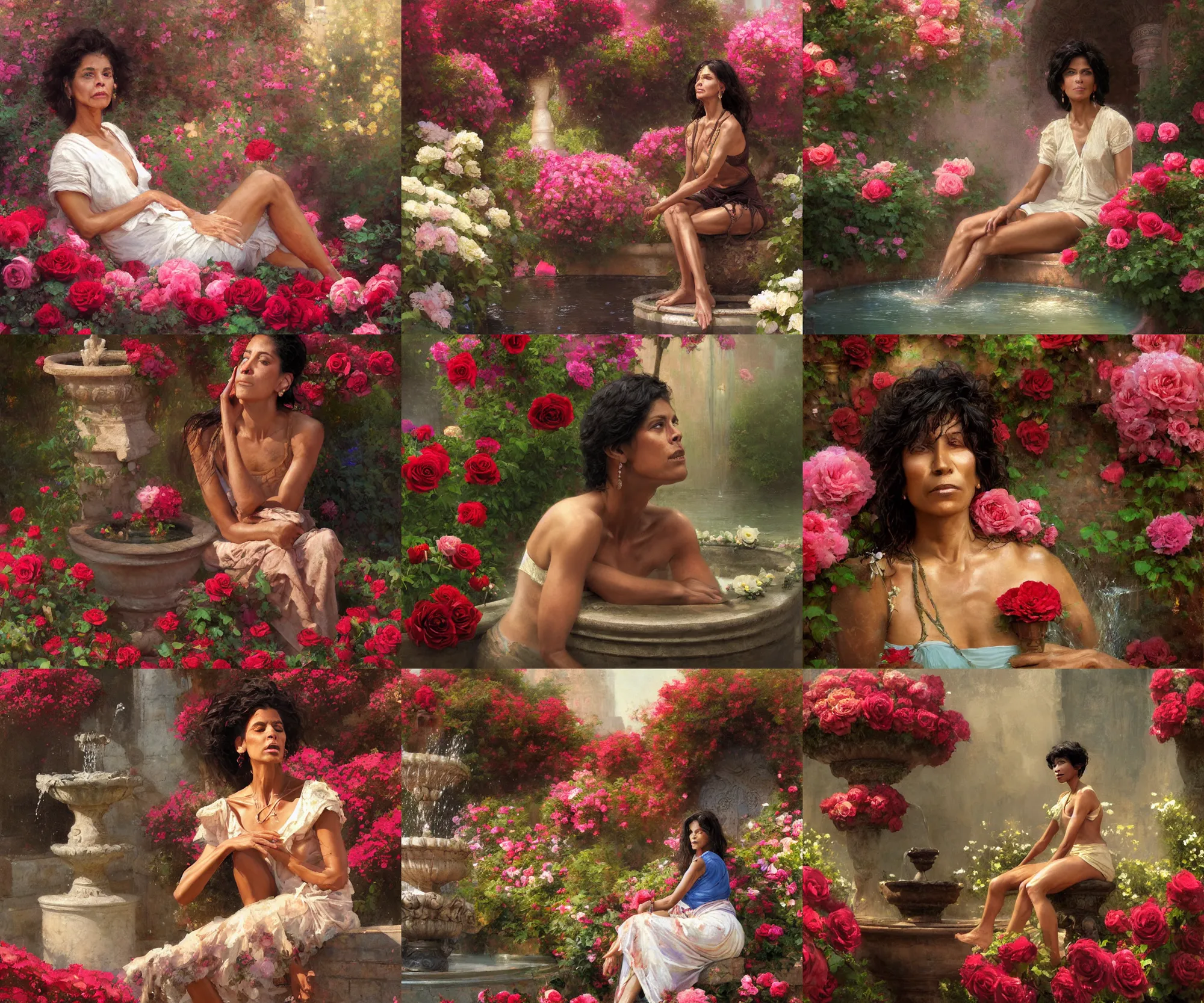 Prompt: digital art painting of a 5 0 years old latino brown skin skinny woman seated on the edge of a fountain surrounded by roses and flowers painted by craig mullins and gaston bussiere and greg rutkowski, dramatic lighting, symmetrical facial features, symmetrical face, defined facial features, close up