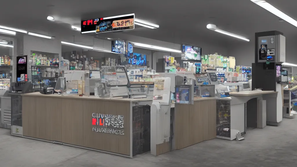 Prompt: cloudpunk unilateral convenience store robo - cashier