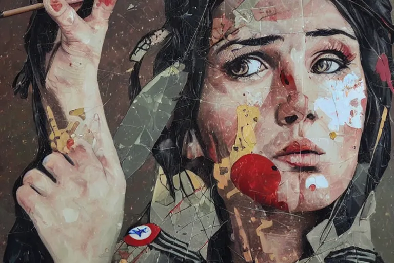 Image similar to a sad female soviet soldier, art by Sandra Chevrier