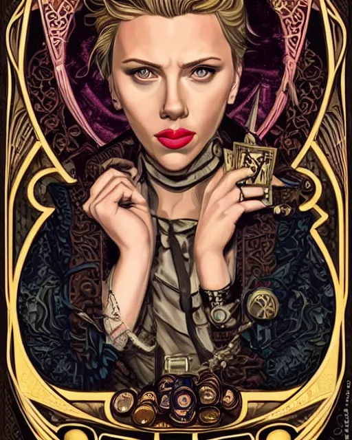 Prompt: a detailed portrait illustration of scarlett johansson as a steampunk gambler - wizard. beautiful female face. art nouveau, pop art, comic book style. influenced by neil gaiman, h. p. lovecraft, dan mumford, brian froud, vadim voitekhovitch, killian eng, ross tran.