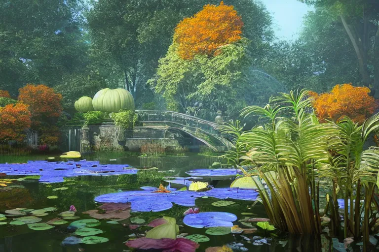 Image similar to A lovely overgrown temple in a pond full of lily pads with autumn!!! trees overhead and blue aberrant skies, trending on artstation, 4k, 8k, 3D!!! still!!! illustrated and reimagined by Max Hay, yellow dappled lighting, eye-level view!!, artstation 3d, artstation render, artstation 3d render, 3d art, unreal engine 3d, octane 3d, blender 3d, 3d landscape, photorealistic imagery, photorealistic details, intricate, highly detailed, fisheye!!!! view!!!!, lens distortion!!!!, chromatic!!!! aberration!!!!