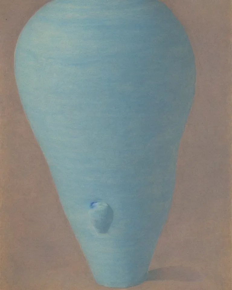 Prompt: achingly beautiful print of solitary painted ancient greek amphora on baby blue background by rene magritte, monet, and turner. sculpted, flat.