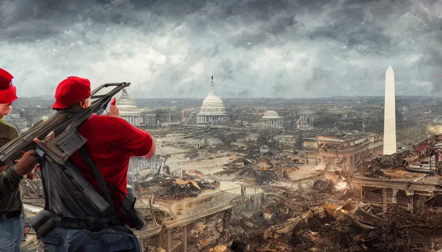 Image similar to father with shotgun and his son with red hat looking at destroyed washington dc from a rooftop, debris, destruction, cloudy day, vegetation, hyperdetailed, artstation, cgsociety, 8 k