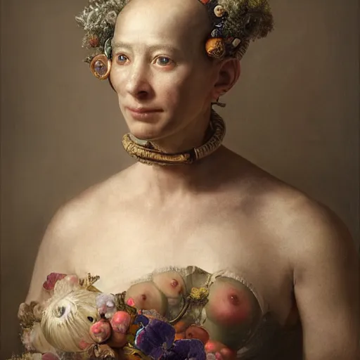 Image similar to Ultra detailed, 4K Portrait of cyborg fully dressed woman by Rachel Ruysch