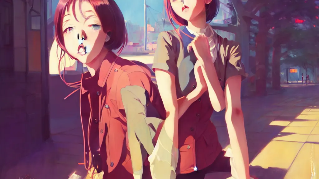 Prompt: anime noon scene, high detail concept art, perfect proportions fine face, girl with vintage bike, avant designer uniform, vivid colors, realistic shaded lighting poster fantasy art ilya kuvshinov, sakimi, jeremy lipking and michael germash, makoto shinkai, loish and clamp style, best selling artist