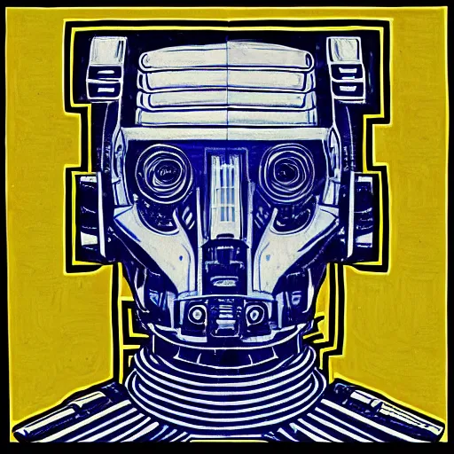 Image similar to portrait of cyberman, mash - up between mc escher and vincent van gogh