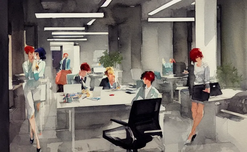 Image similar to concept art of a modern office life, pinterest, artstation trending, behance, watercolor, by coby whitmore *, silver, laser light *,