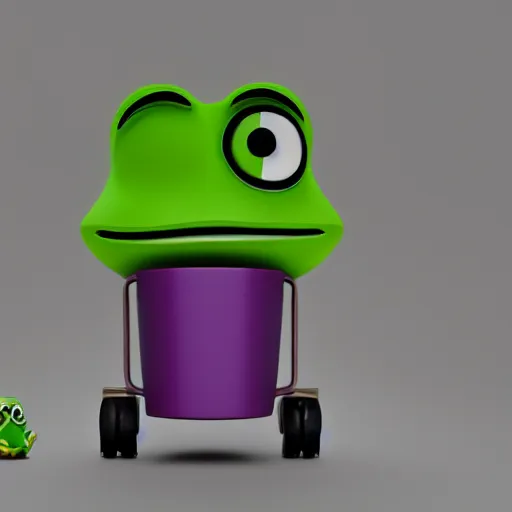 Image similar to isometric minimalistic backroom with pepe the frog and trashcans, cinema 4 d, 1 0 0 0 mm, purple and green scheme depth of field, octane render, studio lighting