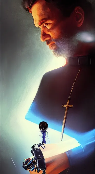 Image similar to portrait of a dj, catholic saint, with advanced robot prosthetic arm, with piercing blue eyes, dramatic light, cinematic background, depth, high detail, digital art, 4 k, painted by greg rutkowski and quentin tarantino, trending on artstation