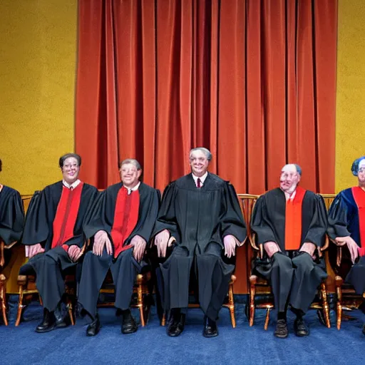 Prompt: 6 Clowns sitting with 3 Justices on the Supreme Court, photorealistic