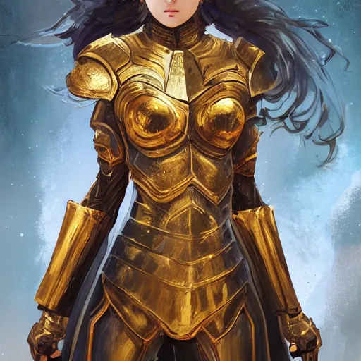Image similar to portrait knights of Zodiac girl, golden and copper armor, in ruined Agora of Athens, ssci-fi, fantasy, intricate, very very beautiful, elegant, highly detailed, digital painting, artstation, concept art, smooth, sharp focus, illustration, art by tian zi and WLOP and artgerm
