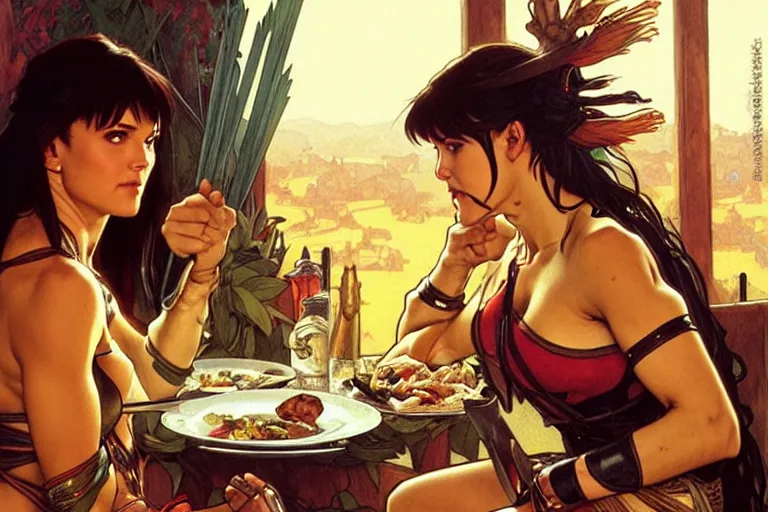 Image similar to xena warrior princess eating at a restaurant with a hispanic man art by artgerm and greg rutkowski and alphonse mucha