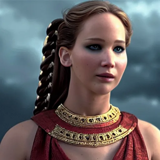 Image similar to first photos of 2 0 2 4 female 3 0 0 remake - jennifer lawrence as leonidas, ( eos 5 ds r, iso 1 0 0, f / 8, 1 / 1 2 5, 8 4 mm, postprocessed, crisp face, facial features )