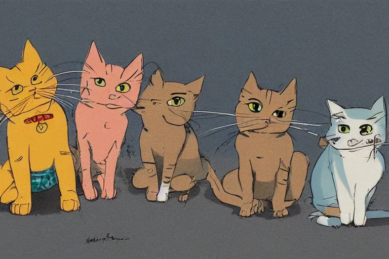 Image similar to four happy stray cats, lounging about and looking at the camera, urban setting, whimsical, trending on artstation, animation still by Hayao Myazaki