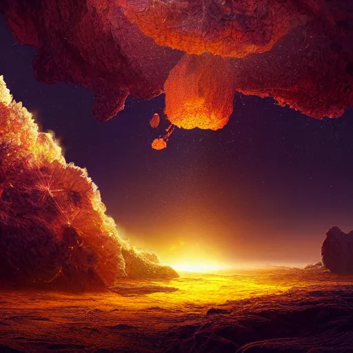 Image similar to Digital art of a meteorite containing an insect hive burning up in the atmosphere, Mike Winkelmann, Jessica Rossier 4k prehistoric geology space hubble start nebula