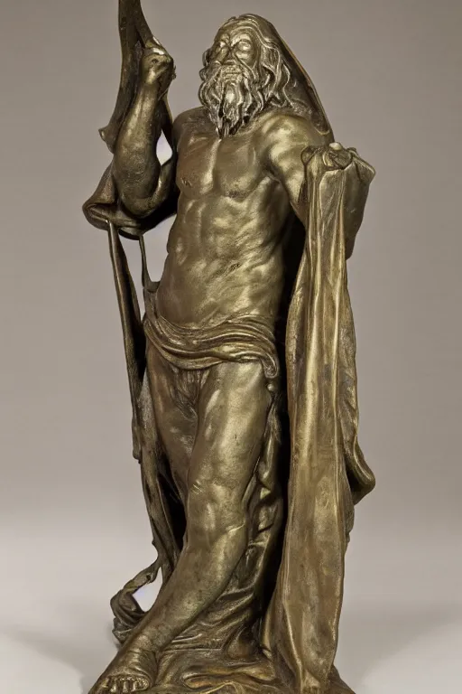 Prompt: Une statue monumentale en plein-pied de Gandalf, bronze poli, fonte à la cire perdue, Collection du Musée du Louvre