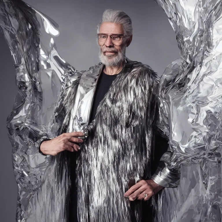 Image similar to high fashion photoshoot octane render portrait by wayne barlow and carlo crivelli and glenn fabry, a distinguished sci - fi futuristic wizard with a long white beard wearing a clear plastic iridescent jacket and holding a magical adorable critter while standing inside a futuristic beautiful boutique fantasy hotel lobby, very short depth of field, bokeh