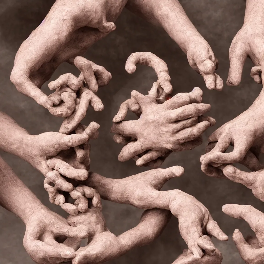 Prompt: spiral of clay forming into human hands, transformation