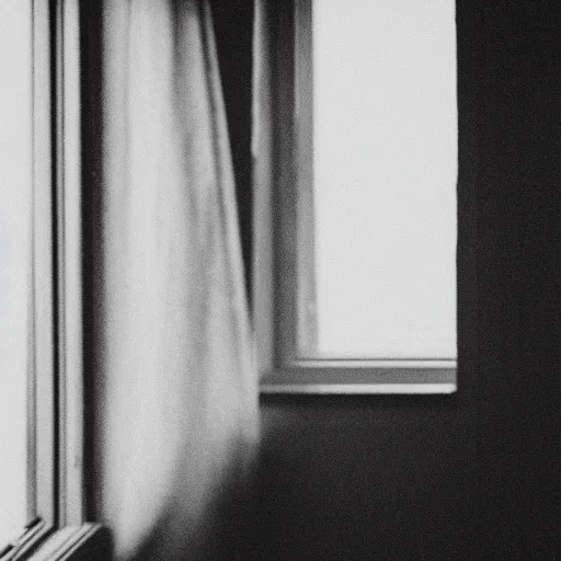 Image similar to black and white photograph portrait of a depressed 35 years old woman standing by the window, natural light, lomo, film grain, soft vignette, sigma 85mm f/1.4 1/10 sec shutter