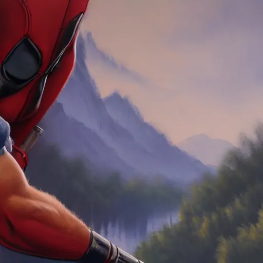 Image similar to a closeup photorealistic photograph of bob ross working on a canvas painting of deadpool. film still. brightly lit scene. mountains and trees. this 4 k hd image is trending on artstation, featured on behance, well - rendered, extra crisp, features intricate detail, epic composition and the style of unreal engine.