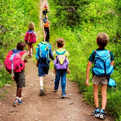 Prompt: kids going on a hike, photograph, national geographic