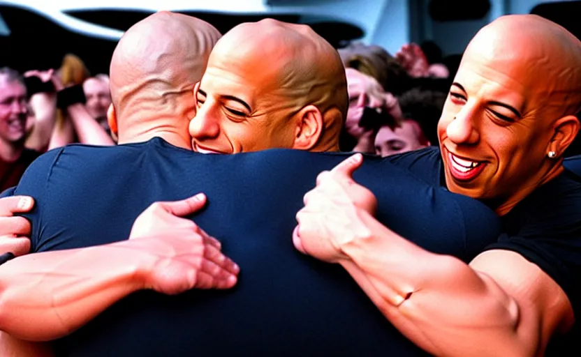 Prompt: lightning mcqueen hugging vin diesel