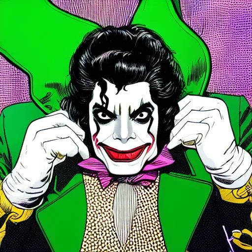 Image similar to dynamic macro head portrait of beautifu michael jackson as the joker in white sequined jacket by john romita sr and cory walker and ryan ottley and jack kirby and barry windsor - smith, comic, illustration, photo real