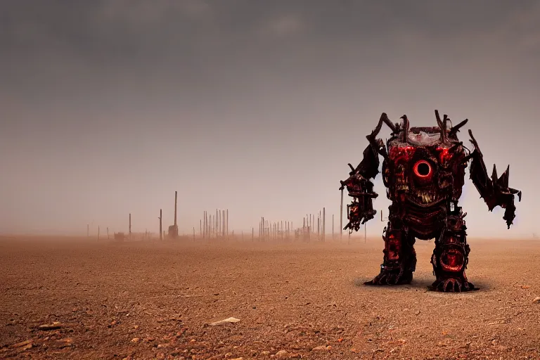 Image similar to a gigantic angry monster made of scrap metal with red eyes, standing in the desert, looking at camera, realism, photo realistic, high quality, misty, hazy, ambient lighting, cinematic lighting, studio quality,