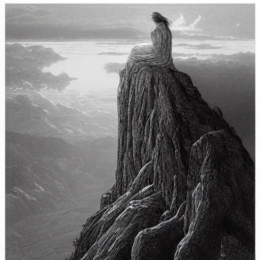 Image similar to A lonely woman, distant city, forest, cliff, gorgeous view, dramatic light, high contrast, illustration by Paul Gustave Doré