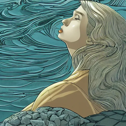 Image similar to gold and silver tones, siren on the rocks, style of moebius, james jean, rutkowski, mcbess, cinematic, high detail, award winning, 8 k photorealistic