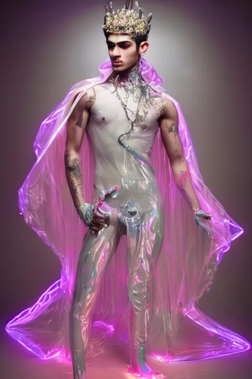 Prompt: full-body rococo and cyberpunk delicate neon crystalline sculpture of (((muscular slender prince Zayn Malik))) as an iridescent humanoid deity wearing a thin see-through ((plastic hooded cloak)) sim roupa (holding a human skull), reclining con (las piernas abiertas), glowing pink face, crown of (((white lasers))), large diamonds, swirling black silk fabric. futuristic elements. oozing glowing liquid, full-length view. space robots. intricate artwork by caravaggio. Trending on artstation, octane render, cinematic lighting from the right, hyper realism, octane render, 8k, depth of field, 3D