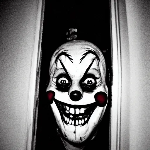 Image similar to a creepy clown with an unnatural smile from a horror movie, it is deformed and is staring at the camera from the end of a dark liminal hallway. caught on vhs, film grain, flashlight lighting, dead space,