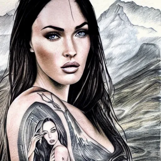 Image similar to realism tattoo sketch of double exposure megan fox, on beautiful mountain scenery, in the style of andrey lukovnikov