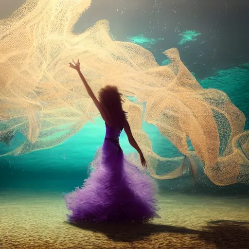 Prompt: woman dancing underwater wearing a flowing dress made of many translucent layers of silver and gold lace seaweed, streaks of bright yellow purple fish, delicate coral sea bottom, swirling silver fish, swirling smoke shapes, unreal engine, caustics lighting from above, cinematic, hyperdetailed