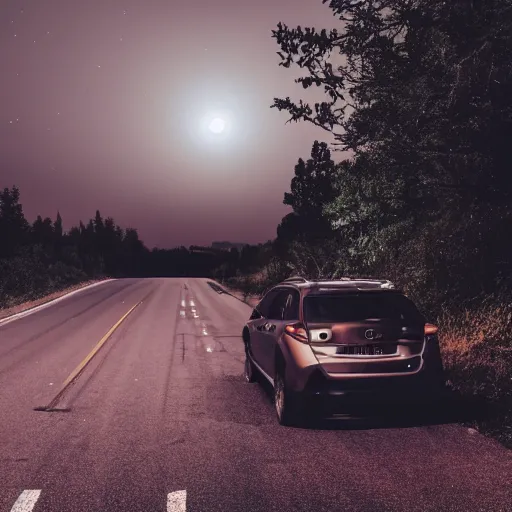 Prompt: car stopped in a road, next to forest, night time, darkness