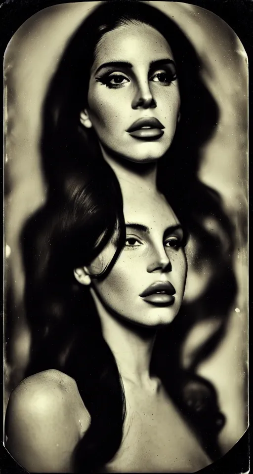 Image similar to a wet plate photograph, a portrait of Lana Del Rey