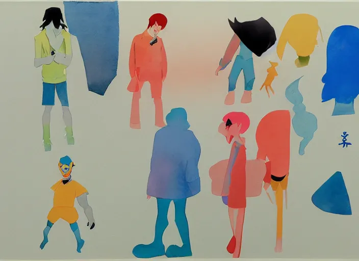 Image similar to studies of the protagonist by masaaki yuasa, pleasing palette watercolor and mixed media shape design