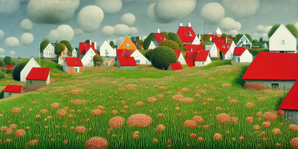 Prompt: white scandinavian!!! houses!!! with red roofs, floral motives, in the high grass, hygge, by jacek yerka by levitan, by tove jansson, surrealistic painting, masterpiece, oil painting, sharp focus, highly detailed, intricate, smooth, 8 k,