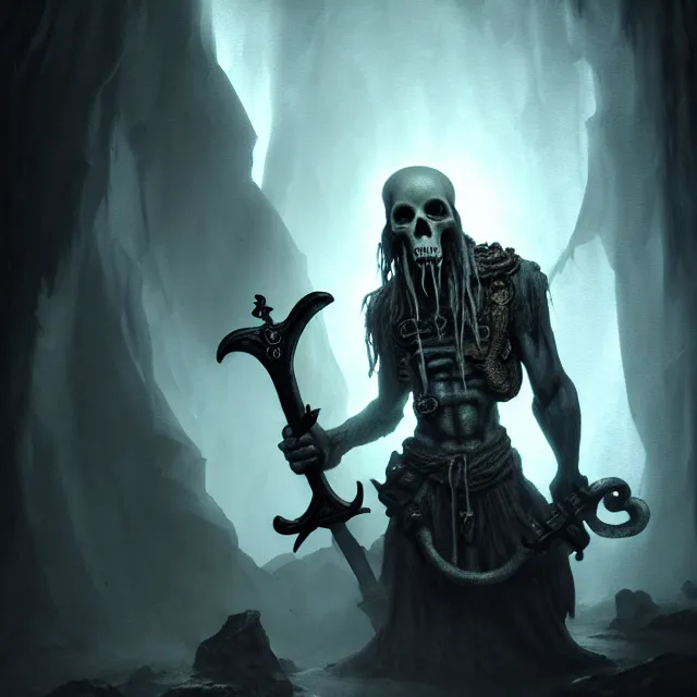 Image similar to photo of a ghostly pirate head and torso, holding a sword and standing in a grotto, photorealistic, dark, lovecraft, paul carrick, atmospheric lighting, painted, intricate, ultra detailed, well composed, best on artstation, cgsociety, epic, stunning, gorgeous, intricate detail, wow, masterpiece