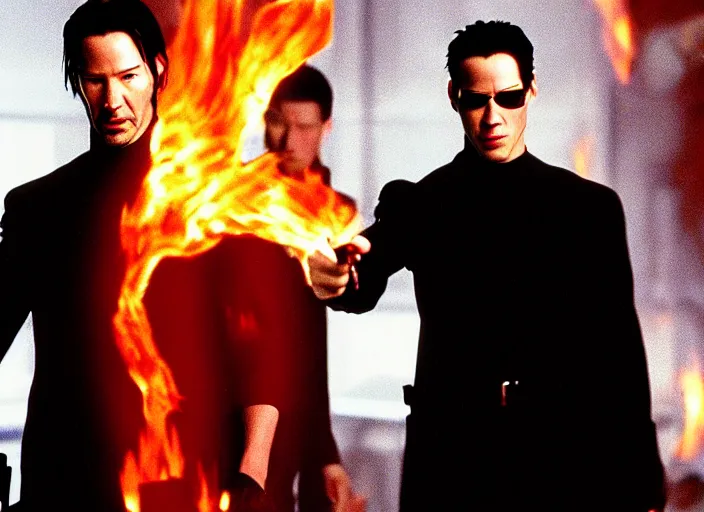 Image similar to Movie still of Keanu Reeves as Neo in The Matrix movie doing a thumb up to the camera in front on burning servers, servers in flames in the background, doing a thumb up, The Matrix servers on fire, uncropped, full body, crispy, symmetrical face, ultra detailed, cinematic, thumb up, double thumb up to the camera