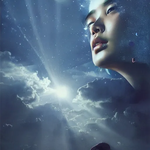 Prompt: sci - fi, close - up, 3 d, moon rays, night, asian sleepy fashion model face, cinematic, clouds, sun rays, vogue cover style, poster art, blue mood, realistic painting, intricate oil painting, high detail illustration, figurative art, multiple exposure, 3 d, by tooth wu and wlop and beeple and greg rutkowski