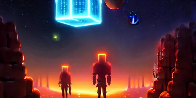 Image similar to a fleet of giant glowing futuristic cubes tied to each other with chains in the sky, a fantasy magical landscape seen in the distance, atmospheric lighting, intricate, volumetric lighting, beautiful, sharp focus, ultra detailed, in the art style of marc simonetti, bowater charlie and brom gerald, astrophotography